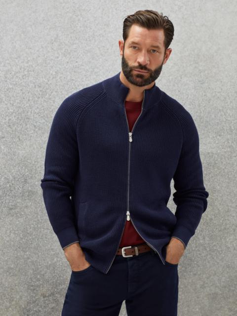 Cotton half English rib turtleneck cardigan with zipper