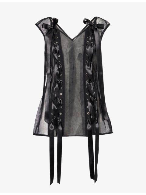 Simone Rocha Ribbon-Embellished Semi-Sheer Mesh Top