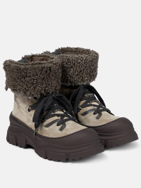 Shearling-trimmed suede combat boots