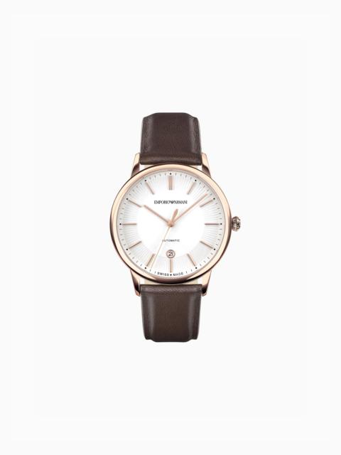 EMPORIO ARMANI SWISS MADE AUTOMATIC BROWN LEATHER WATCH