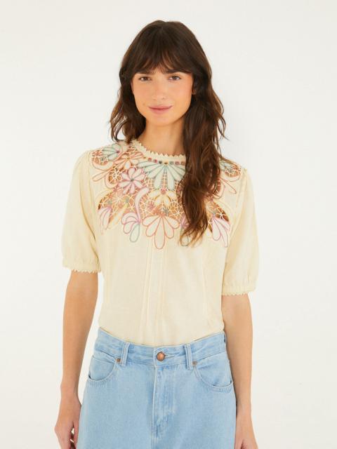FARM RIO Beige Flower Embroidery Short Sleeve Blouse
