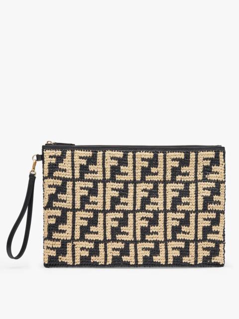 FENDI Large pouch with removable bracelet handle. Zip fastening. Made of crocheted natural-colored and bla