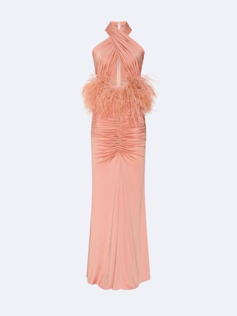 LAPOINTE Jersey Sleeveless Halter Ruched Gown With Feathers
