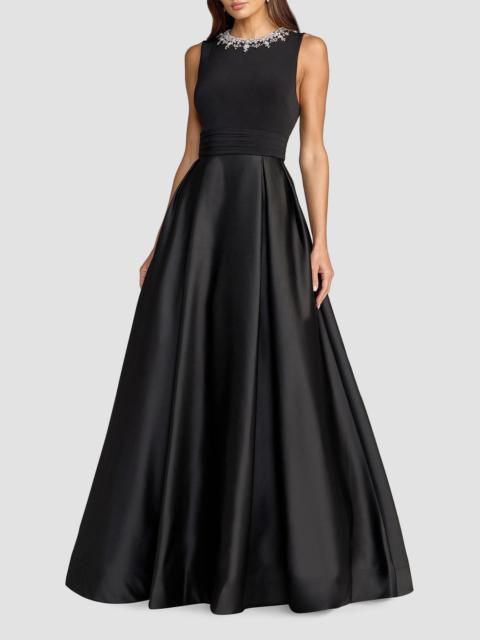MAC DUGGAL Women's Jersey Sleeveless Satin-Skirt Beaded-Neck Gown - Black