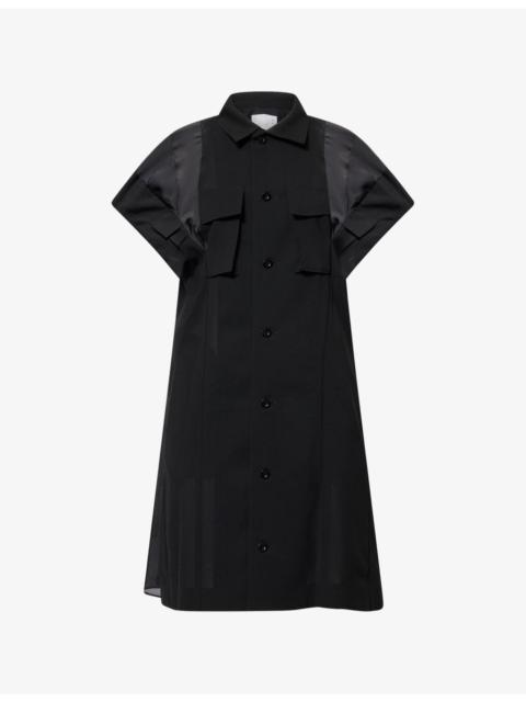 sacai Pleated Contrast Satin and Wool Mini Dress