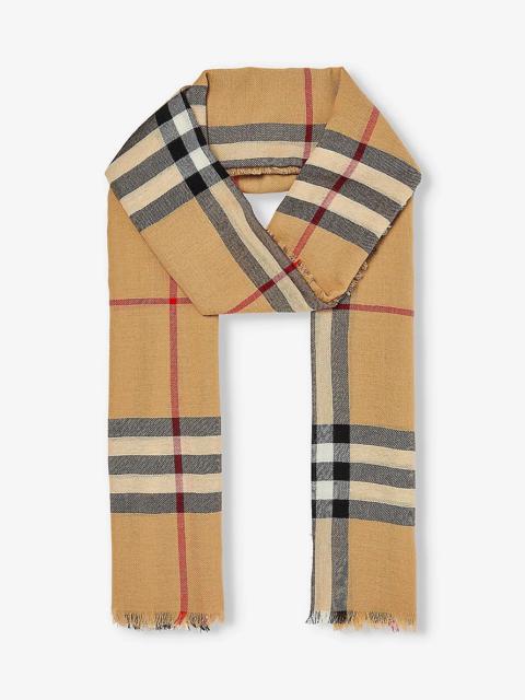 Checked fringed-trim wool scarf