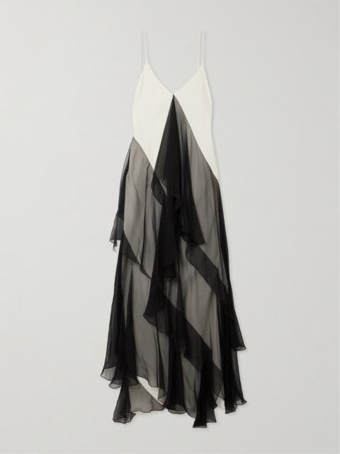 SHARON WAUCHOB Megara Asymmetric Ruffled Two-tone Silk Crepe De Chine And Crepon Midi Dress