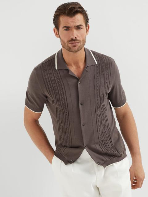 Brunello Cucinelli Cotton geometric jacquard knit shirt with short sleeves and camp collar