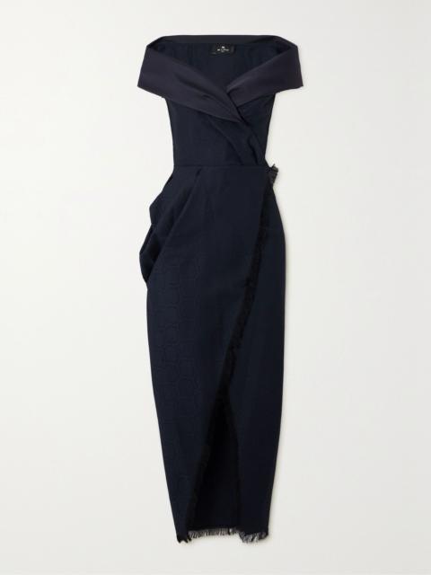Etro Off-the-shoulder twill-trimmed frayed silk-blend jacquard wrap gown Blue