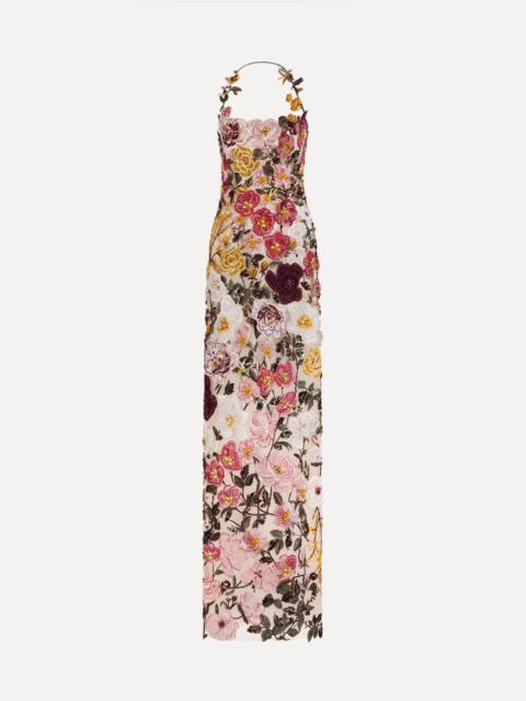 Oscar de la Renta BEADED MIXED BOTANICAL EMBROIDERED HALTER GOWN