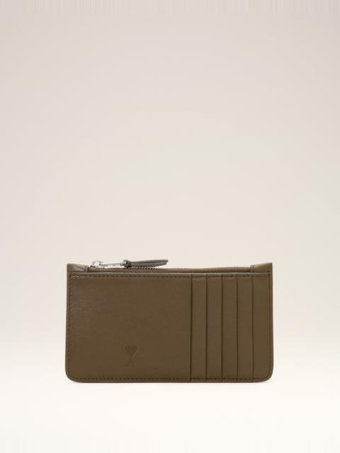 AMI Paris BROWN ZIPPED COWHIDE LEATHER CARD HOLDER WITH AMI DE COEUR