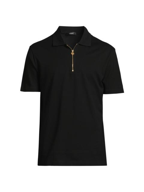 VERSACE Men's Embroidered Quarter-Zip Polo Shirt - Black