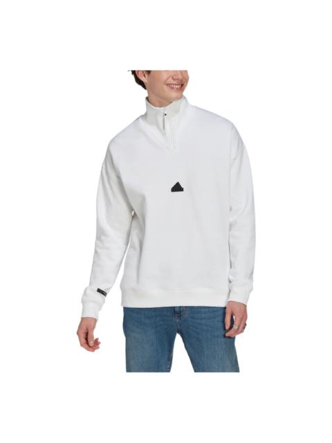 Men's adidas New 1/2-zip Solid Color Small Logo Half Zipper Pullover Stand Collar Long Sleeves White
