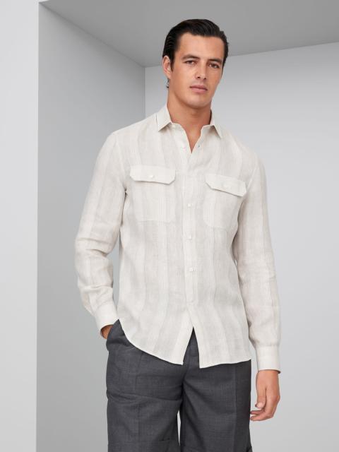 Brunello Cucinelli Fancy stripe linen easy fit shirt with chest pockets