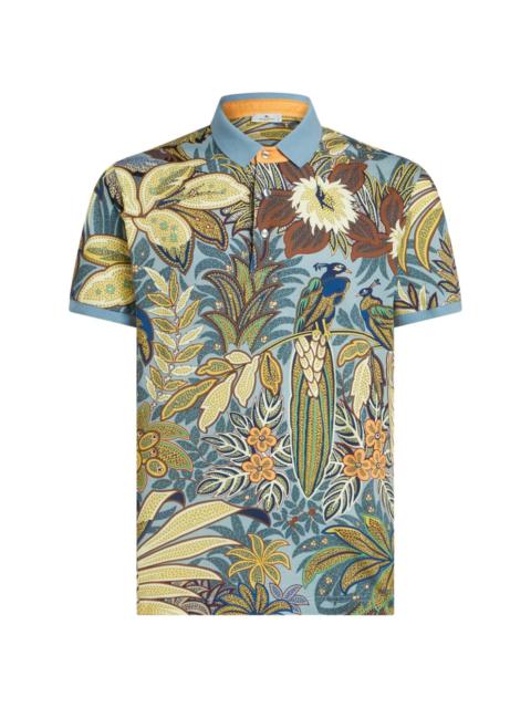 peacock-print cotton polo shirt