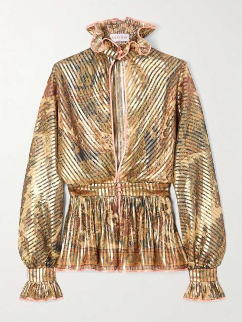 Satin-trimmed cutout ruffled metallic printed silk-blend chiffon blouse Beige