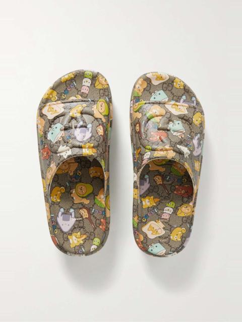 GUCCI + Angela Nguyen embossed printed rubber platform slides