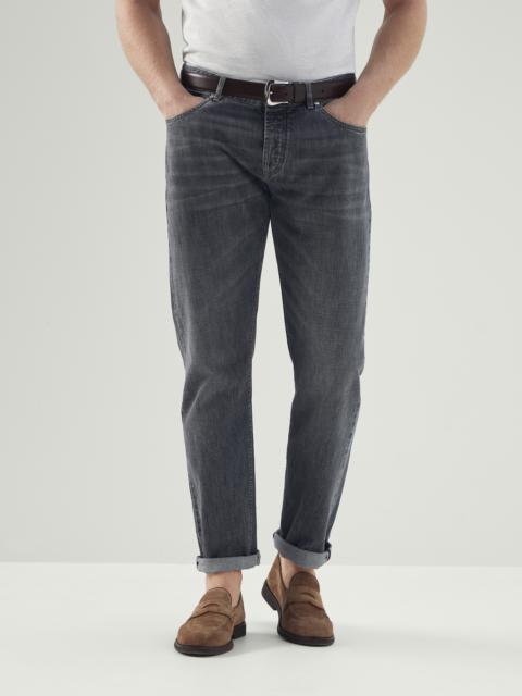 Grey denim traditional fit five-pocket trousers with selvedge