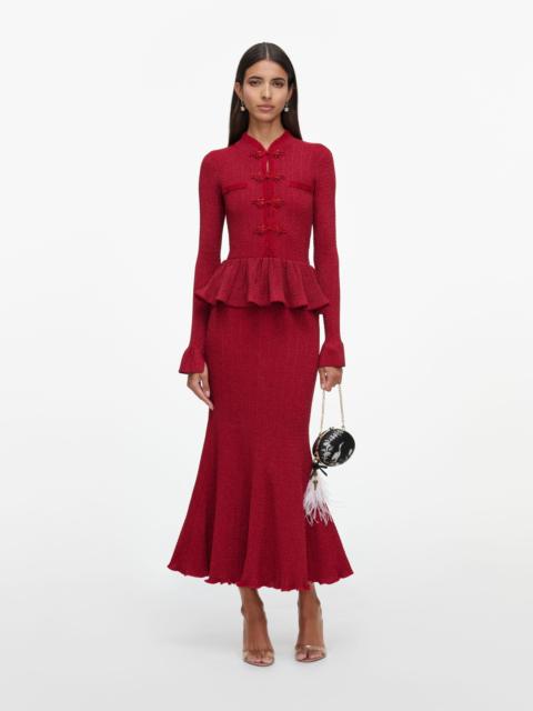 self-portrait Red Metallic Peplum Knit Midi Dress