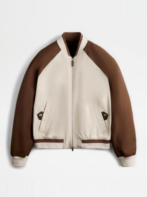 Tod's BOMBER JACKET IN LEATHER - BROWN, OFF WHITE
