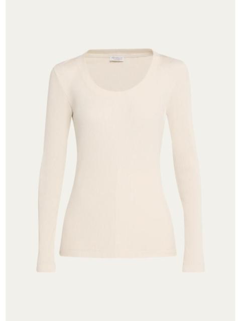 Brunello Cucinelli Sparkle Rib Knit Long-Sleeve Top