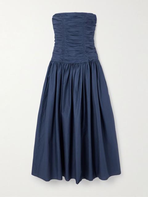 MATTEAU Strapless ruched organic cotton-poplin midi dress Blue