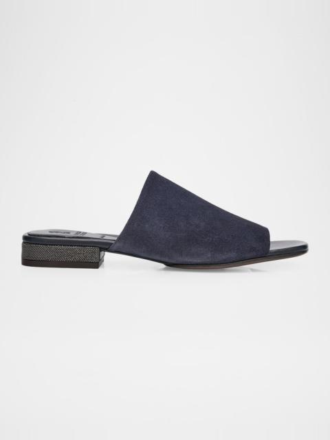 Brunello Cucinelli Suede Slide Sandals with Monili Heel