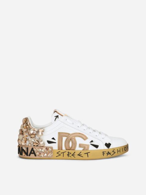 Dolce & Gabbana Printed calfskin nappa Portofino sneakers with DG logo and embroidery