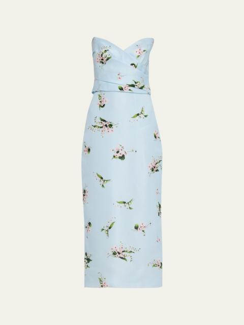 Monique Lhuillier Strapless Posie Print Silk Midi Cocktail Dress