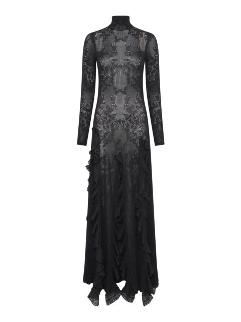 GABRIELA HEARST Solway Pointelle Knit Lace Dress in Black Silk Merino Wool with Custom Ruffles
