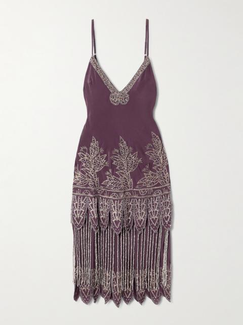 BODE Epoque Fringed Embroidered Embellished Silk-crepe Midi Dress