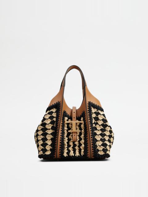 Tod's T TIMELESS SHOPPING BAG IN LEATHER AND RAFFIA MINI - BEIGE, BROWN, BLACK