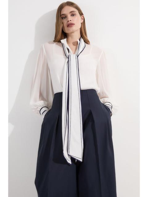 KAREN MILLEN Archive Collection - Balloon Sleeve Contrast Stitch Bow Woven Blouse