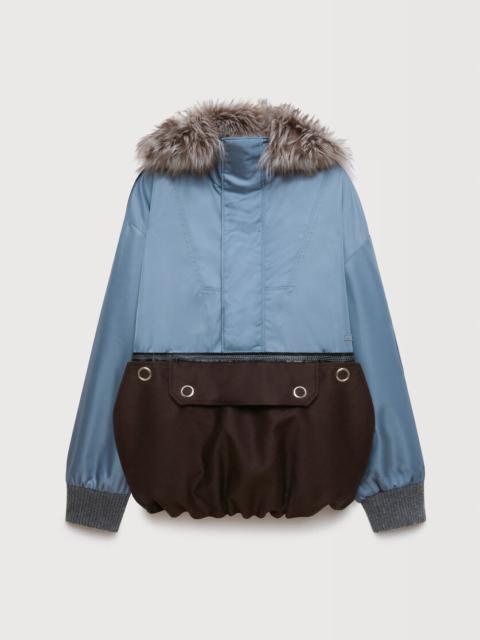 Marni GRAY NYLON HALF-ZIP JACKET WITH FUR COLLAR
