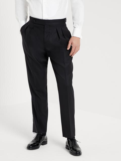 Virgin wool and silk lightweight twill tuxedo trousers with double pleats and tabbed waistband