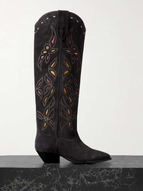Denvee cutout embroidered leather-trimmed suede knee boots