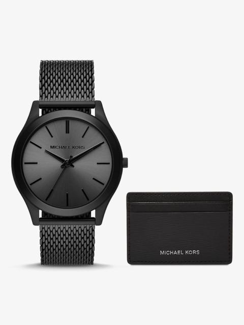MICHAEL KORS Oversized Slim Runway Black-Tone Watch and Card Case Gift Set