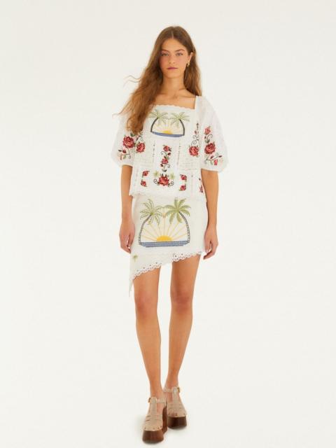 FARM RIO Off-White Tropi Scarf Embroidered Euroflax Premium Linen Mini Skirt