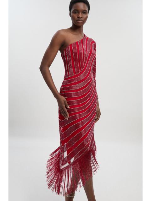 KAREN MILLEN Petite Thigh high Split Embellished Woven Fringed Midi Dress