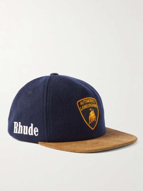 Rhude + Automobili Lamborghini Logo-Appliquéd Embroidered Suede-Trimmed Wool-Blend Trucker Cap