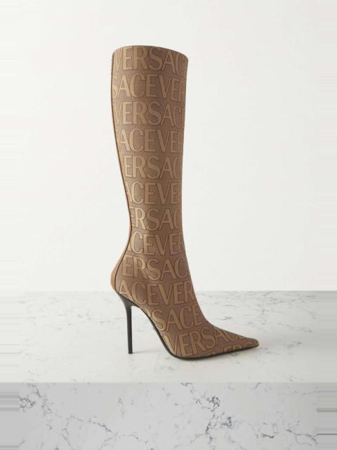 Leather-trimmed canvas-jacquard knee boots