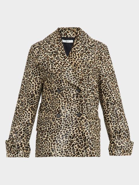 CO Leopard-Print Ponyhair Double-Breasted Short Peacoat
