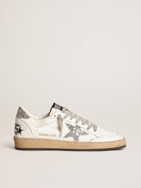 Golden Goose Ball Star sneakers in white nappa leather with silver glitter star and heel tab