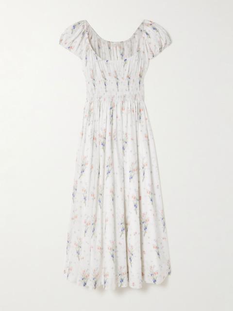 DÔEN Quinley shirred floral-print organic cotton midi dress Off-white