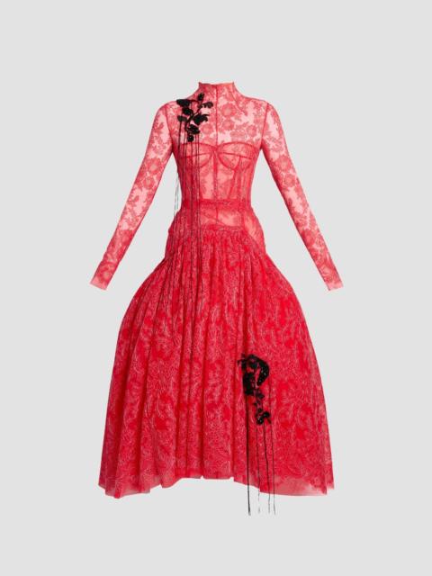 Erdem FLORAL LACE TULLE LONG SLEEVE MIDI DRESS