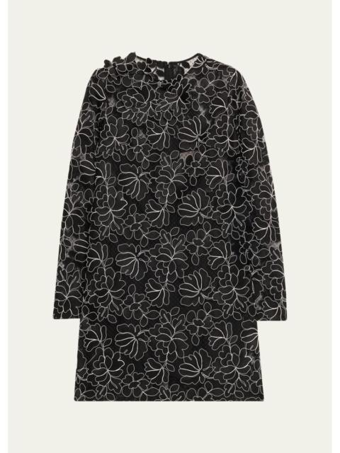 LELA ROSE Holly Floral Lace Long-Sleeve Mini Dress