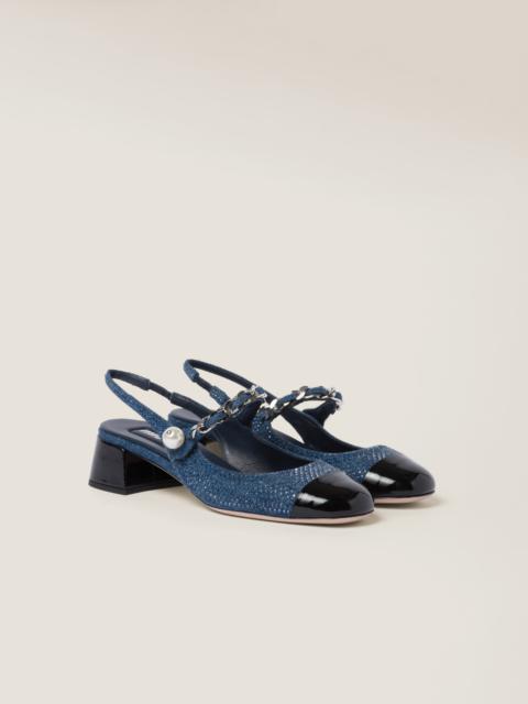 Miu Miu Denim and patent leather slingback pumps with artificial crystals