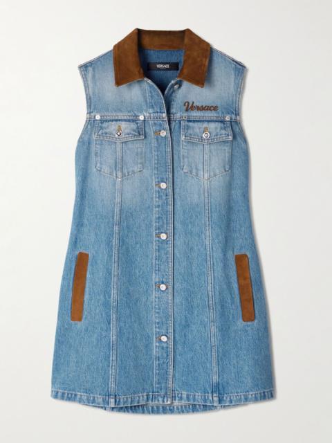 VERSACE Suede-trimmed denim mini dress Mid denim