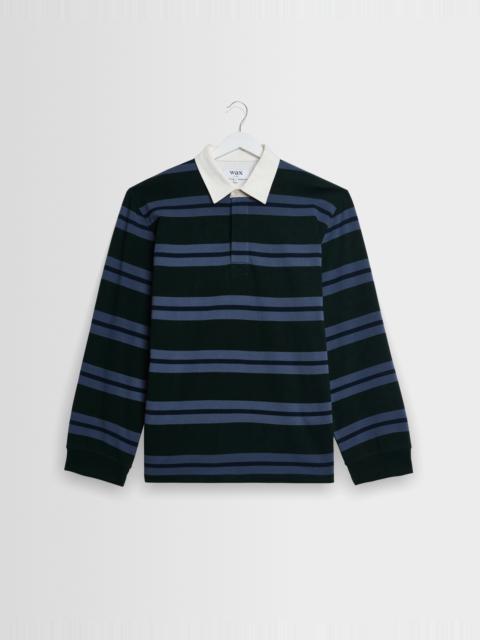 Wax London Rowhill - Bottle Green And Blue Mirror Stripe Loopback Rugby Shirt