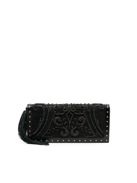 crystal-embroidered leather clutch bag